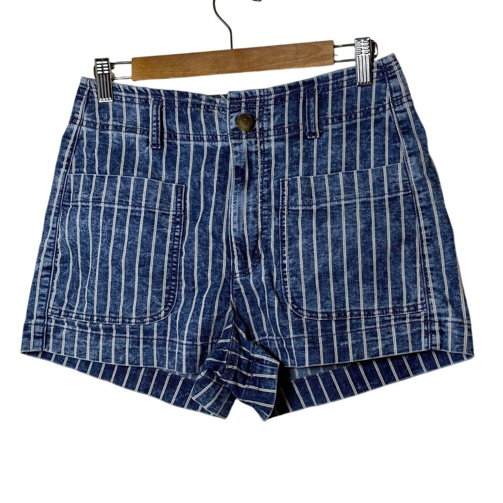 American Eagle Women Striped Denim Shorts 4 Blue High Rise Acid Wash Boho Preppy